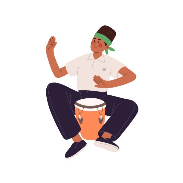 Street musician plays djembe, traditional African percussion instrument. Young drummer performs with jembe, goblet drum, bongo in music concert. Flat isolated vector illustration on white background Street musician plays djembe, traditional African percussion instrument. Young drummer performs with jembe, goblet drum, bongo in music concert. Flat isolated vector illustration on white background. cartoon of a african bongo drums stock illustrations