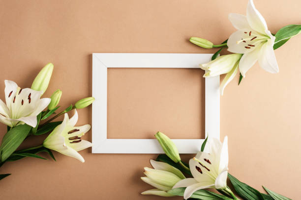 istock White frame with lilies on a brown background. Holiday concept. Top view, flat lay, mockup 2205286046