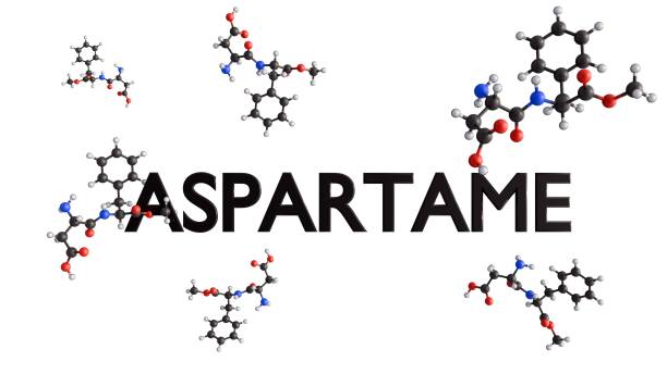 the aspartame molecule and the word "ASPARTAME" A 3d rendering of the chemical structure of aspartame molecule and the word "ASPARTAME", a non-nutritive, artificial sweetener used as a sugar substitute in foods and beverages. chemical formula for aspartame stock pictures, royalty-free photos & images