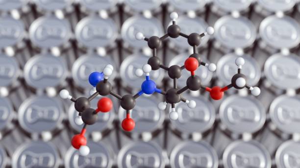 Aspartame molecule and a close-up of a metallic can. A 3d rendering of aspartame molecule and a close-up of a metallic can. The prevalence of aspartame in diet sodas and other low-calorie canned drinks. chemical formula for aspartame stock pictures, royalty-free photos & images