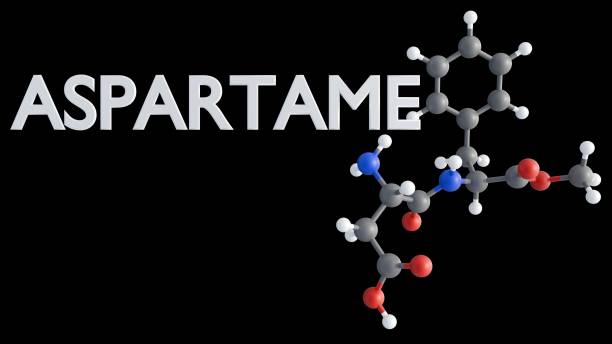 the aspartame molecule and the word "ASPARTAME" A 3d rendering of the chemical structure of aspartame molecule and the word "ASPARTAME", a non-nutritive, artificial sweetener used as a sugar substitute in foods and beverages. chemical formula for aspartame stock pictures, royalty-free photos & images