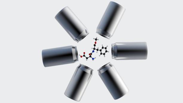 Aspartame molecule and a close-up of a metallic can. A 3d rendering of aspartame molecule and a close-up of a metallic can. The prevalence of aspartame in diet sodas and other low-calorie canned drinks. chemical formula for aspartame stock pictures, royalty-free photos & images