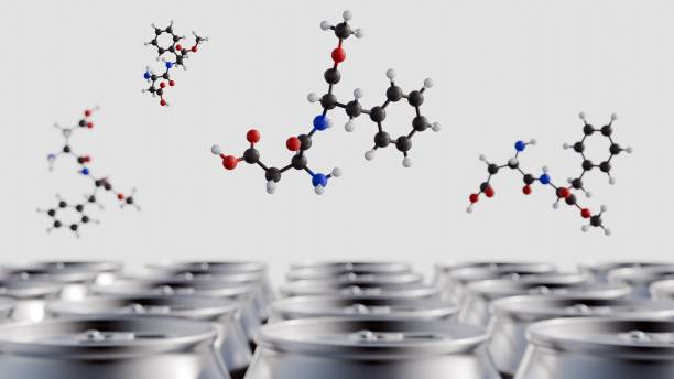 Aspartame molecule and a close-up of a metallic can. A 3d rendering of aspartame molecule and a close-up of a metallic can. The prevalence of aspartame in diet sodas and other low-calorie canned drinks. chemical formula for aspartame stock pictures, royalty-free photos & images