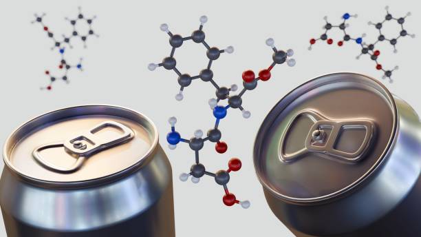 Aspartame molecule and a close-up of a metallic can. A 3d rendering of aspartame molecule and a close-up of a metallic can. The prevalence of aspartame in diet sodas and other low-calorie canned drinks. chemical formula for aspartame stock pictures, royalty-free photos & images