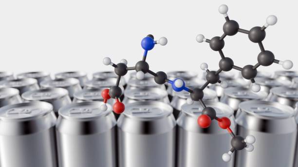 Aspartame molecule and a close-up of a metallic can. A 3d rendering of aspartame molecule and a close-up of a metallic can. The prevalence of aspartame in diet sodas and other low-calorie canned drinks. chemical formula for aspartame stock pictures, royalty-free photos & images