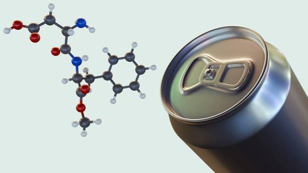 Aspartame molecule and a close-up of a metallic can. A 3d rendering of aspartame molecule and a close-up of a metallic can. The prevalence of aspartame in diet sodas and other low-calorie canned drinks. chemical formula for aspartame stock pictures, royalty-free photos & images