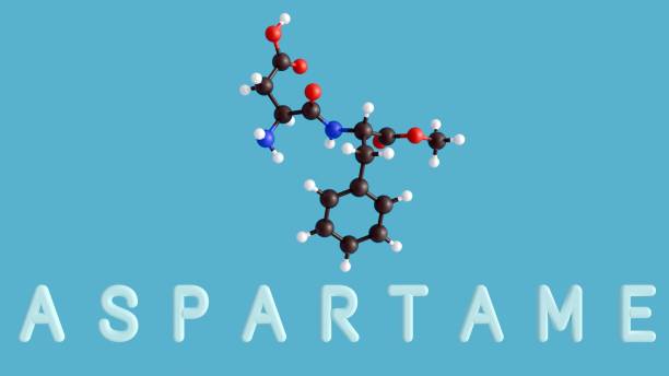 the aspartame molecule and the word "ASPARTAME" A 3d rendering of the chemical structure of aspartame molecule and the word "ASPARTAME", a non-nutritive, artificial sweetener used as a sugar substitute in foods and beverages. chemical formula for aspartame stock pictures, royalty-free photos & images