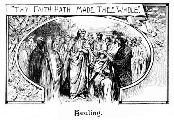 Jesus Christ heals the lame, blind, deaf, sick people, and casting out demons. Illustration published 1890. Copyright expired; artwork is in Public Domain. Digitally restored.
