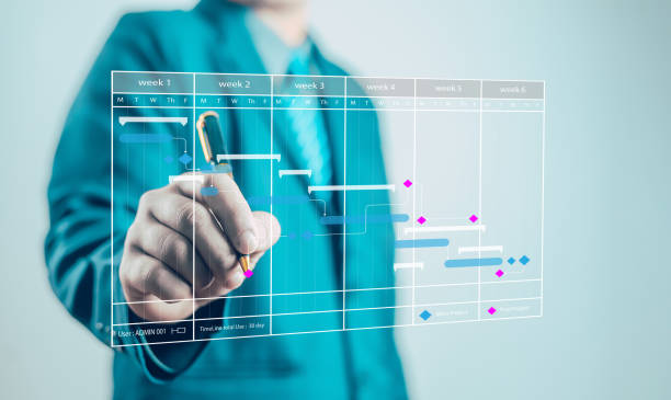 istock managing milestones on a timeline Gantt chart in technology online. concept of project planner in software, schedule plan management work update, and workflow. project, business,  plan, schedule, 2205305354