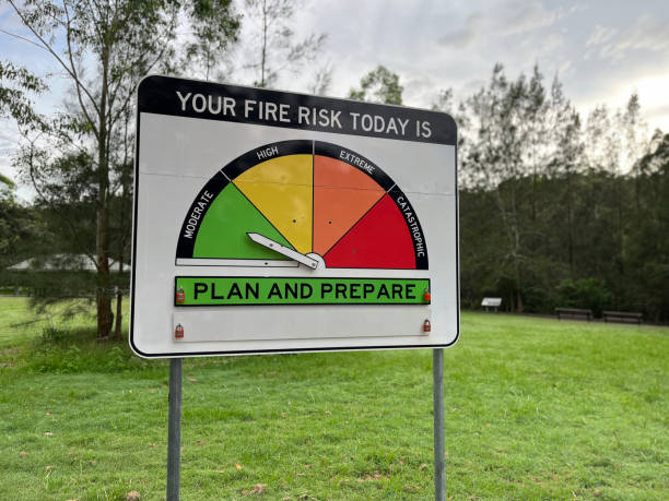 istock The photo shows a fire risk warning sign with an indicator set to green 'Plan and Prepare' 2205308521