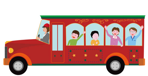 This is an illustration of people having fun riding a retro bus.