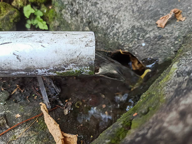 istock Dirty water flows from the white pipe, draining into the nearby gutter. 2205310554