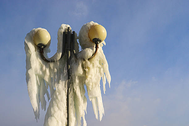 Big icicle. Icy column. Freezing rain.