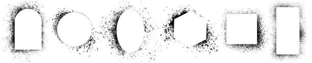 istock Set of black frames, various spray stencils isolated on white background. Urban street graffiti style. Airbrush paint splatter borders, grunge street art with splash effect and drops. Vector 2205328282