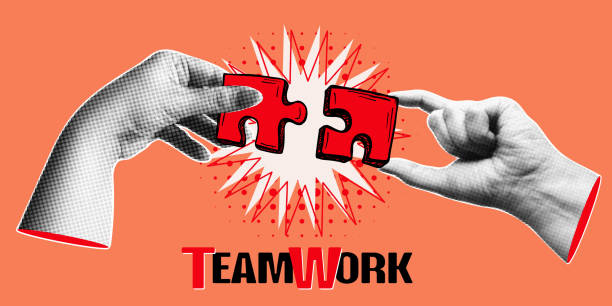 istock Trendy halftone collage banner with hands holding the pieces of jigsaw puzzle. Teamwork and business partnership concept. Contemporary vector illustration 2205328378