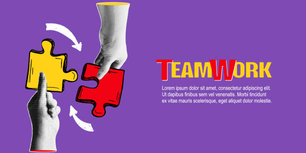 istock Trendy halftone collage banner with hands holding the pieces of jigsaw puzzle. Teamwork and business partnership concept. Contemporary vector illustration 2205328390