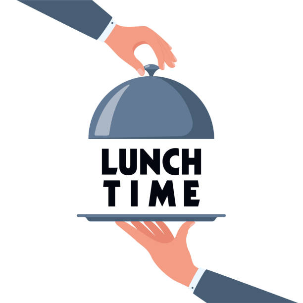 istock Waiter hands opening cloche lid cover revealing Lunch Time text on a tray. Vector illustration 2205330271