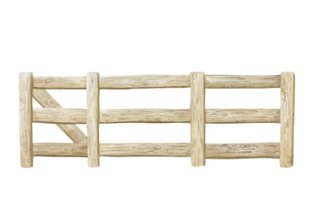 istock Wooden farm fence with gate watercolor illustration isolated on white background. Rustic countryside drawing of outdoor village decor. Old simple boundary 2205335714