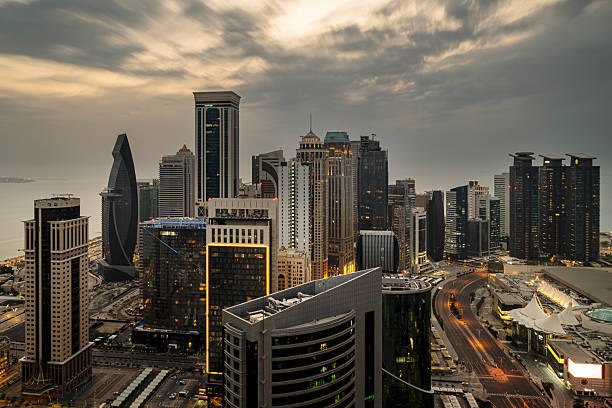 Doha, Qatar - March  10, 2025: Skyscrapers in Financial District skyline in West Bay, Doha, Qatar