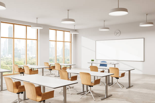 istock Modern Classroom Interior with Wooden Chairs and Whiteboard. 3D Rendering 2205341449