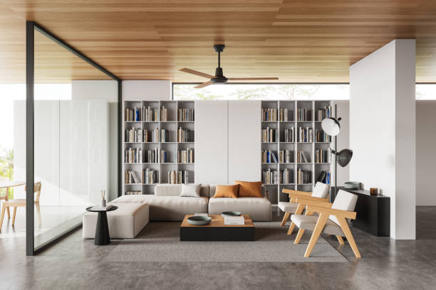 istock Modern living room with bookshelf and wooden ceiling. 3D Rendering 2205341575