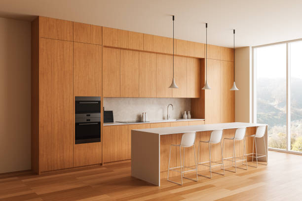 istock Modern kitchen with wooden cabinets and island. 3D Rendering 2205341687