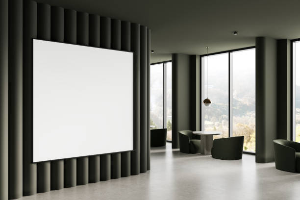 istock Blank poster mockup on dark modern interior wall with curved paneling. 3D Rendering 2205341810