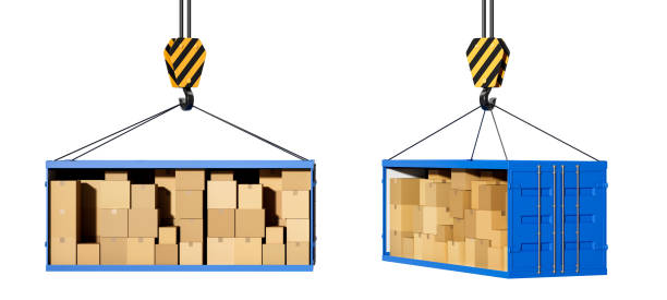 istock Shipping containers filled with cardboard boxes suspended by crane hooks. 3D Rendering 2205341814