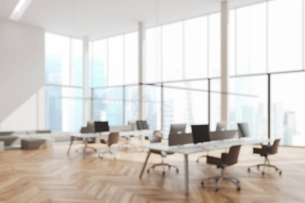 istock Modern office interior with large windows and wooden floor. 3D Rendering 2205342219