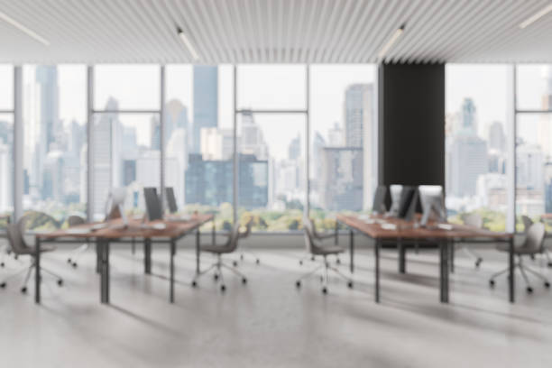 istock Modern office interior with city skyline view. 3D Rendering 2205342440