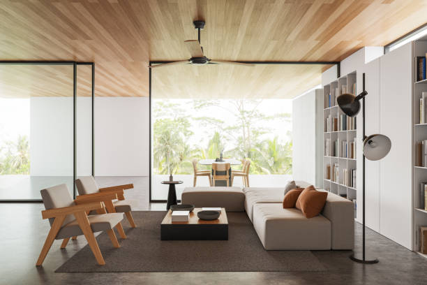 istock Modern living room with wooden ceiling and large windows. 3D Rendering 2205342565