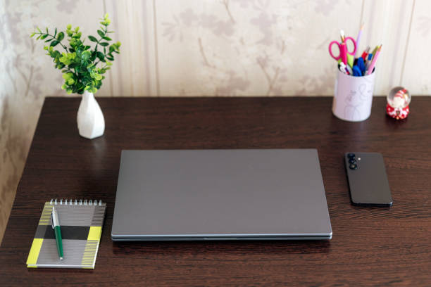 Clean and Minimalist Home Office Desk with Laptop