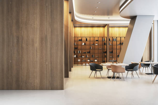 istock Modern library cafe interior with bookshelves and seating area. 3D Rendering 2205348742