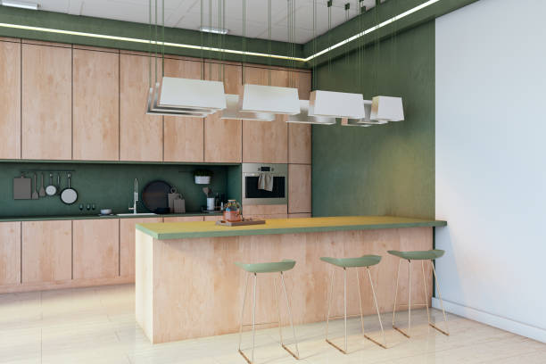 istock Modern kitchen interior with wooden cabinets and green accents. 3D Rendering 2205348810