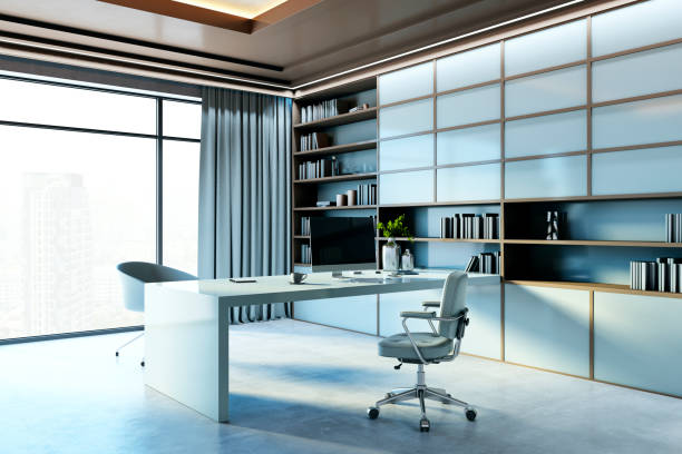 istock Modern executive office with glass wall, bookshelves, and a city view. 3D Rendering 2205348818