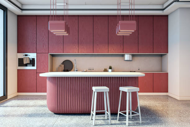istock Modern stylish kitchen interior with wooden cabinets and island. 3D Rendering 2205348821