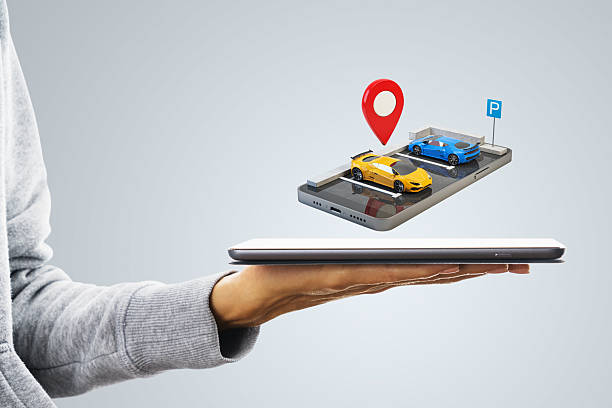 istock Carsharing service concept with smartphone and tablet on light background. 2205348913