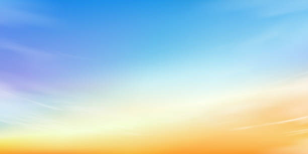 istock Sunset Sky,Cloud Background,Horizontal Summer sky in blue,orange,yellow gradeint with fluffy cloudy over sea beach,Vector Nature background of Autumn sunrise 2205354037