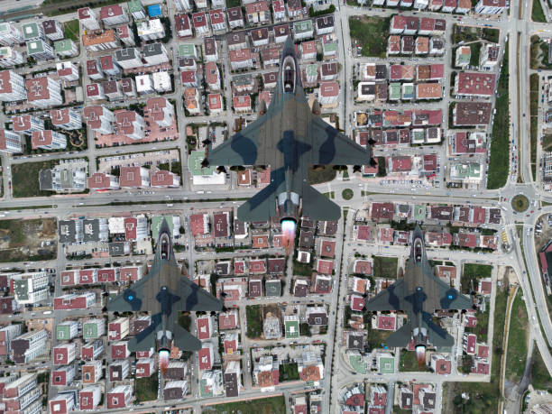 F 35 fighter plane is landing on sunset