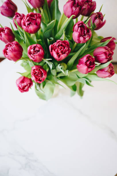 Purple tulips bouquet on marble coffee table
