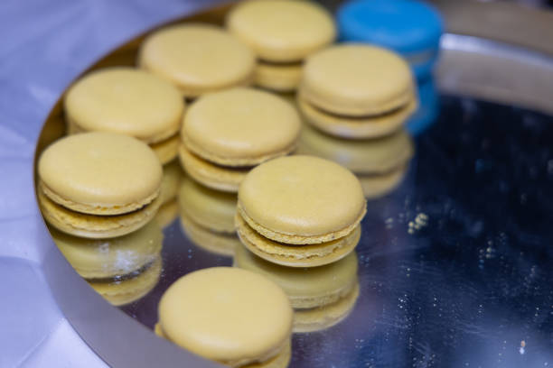 Small sweet candies Macaroons on a tray
