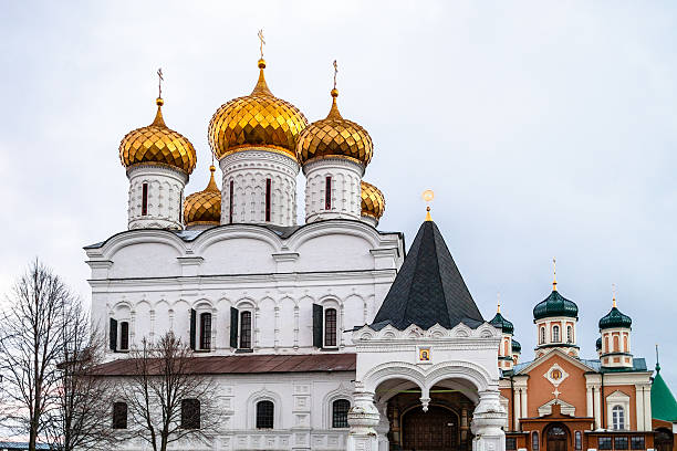 front view of Trinity Cathedral of Ipatiev Monastery in Kostroma city in winter evening