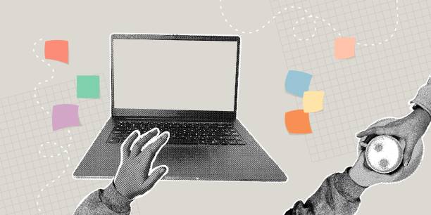istock Trendy halftone collage. Concept of remote collaboration, online learning, working from home, concept of short break with coffee 2205370773