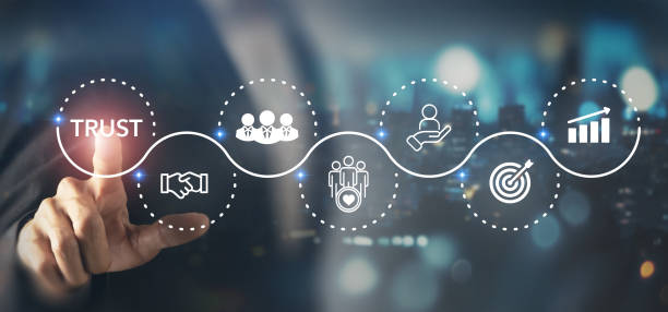 istock Business trust and success concept. Interacting with a futuristic digital interface displaying trust, teamwork, customer, partner and business growth icons. Business collaboration strategy. 2205371190