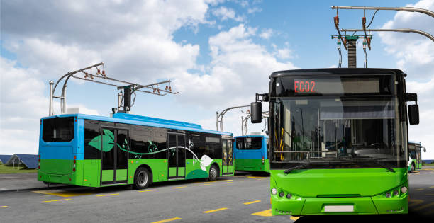 istock Electric buses at a stop are charged by pantograph. 2205376746