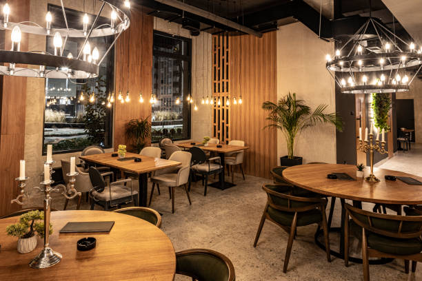 istock Interior of a Modern Restaurant at Night 2205379588