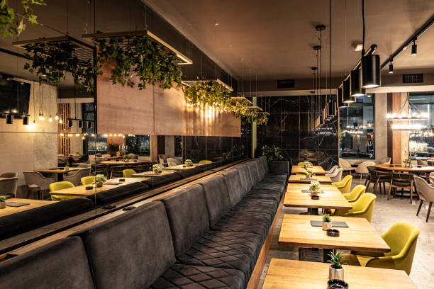 istock Modern Restaurant Interior with Cozy Seating and Stylish Lighting Design 2205379590