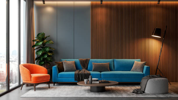 istock Modern Living Room with Blue Sofa and Orange Chair 2205380924