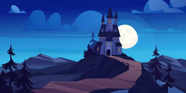 istock Cartoon vector illustration of a spooky castle under a full moon in a night landscape with dark trees and mountains. Mysterious Halloween night castle 2205381202