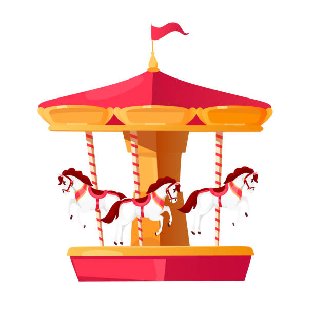 istock Colorful carousel vector illustration with white cheerful horses in motion, perfect for children's parties and festive events. Flat style. 2205383585